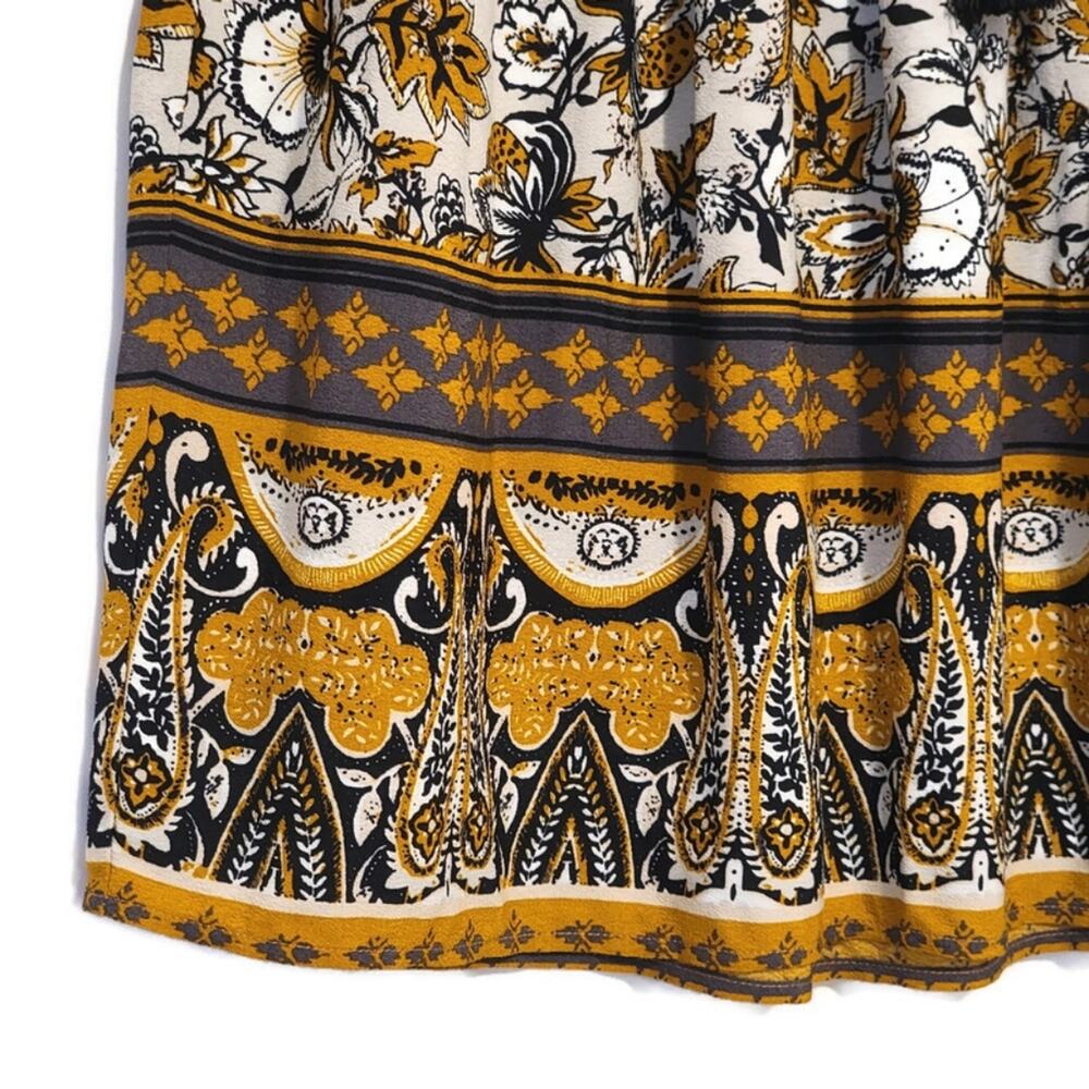 Garnet Hill Paisley Floral Pull On Elastic Waist Skirt Mustard Black Size S Boho - Picture 5 of 10